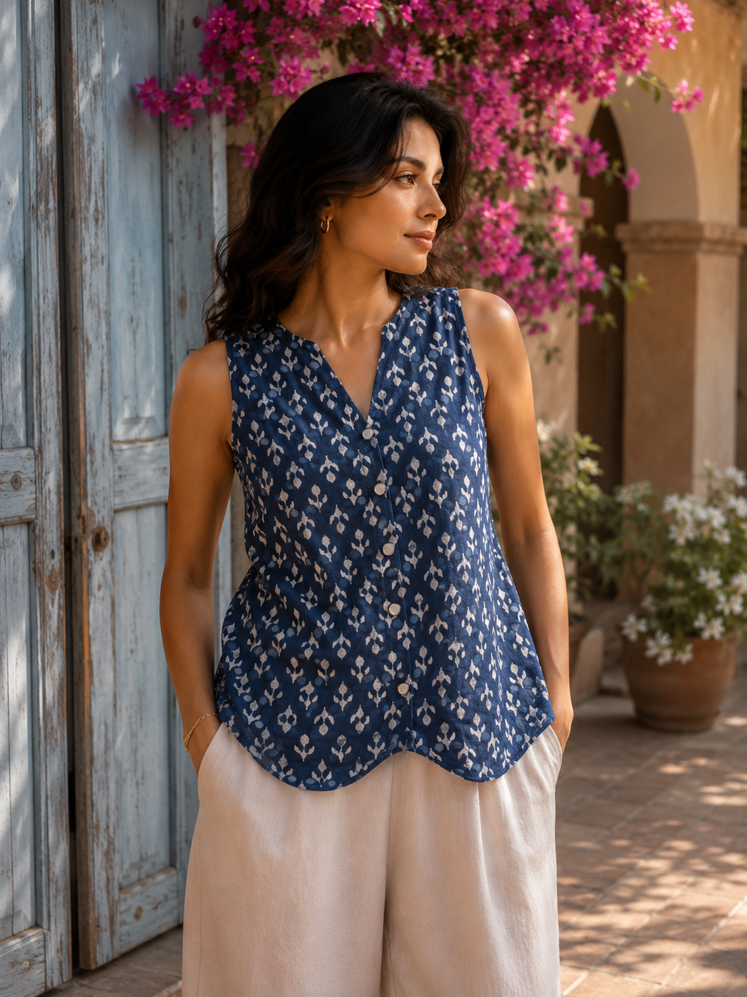 Indigo print tops