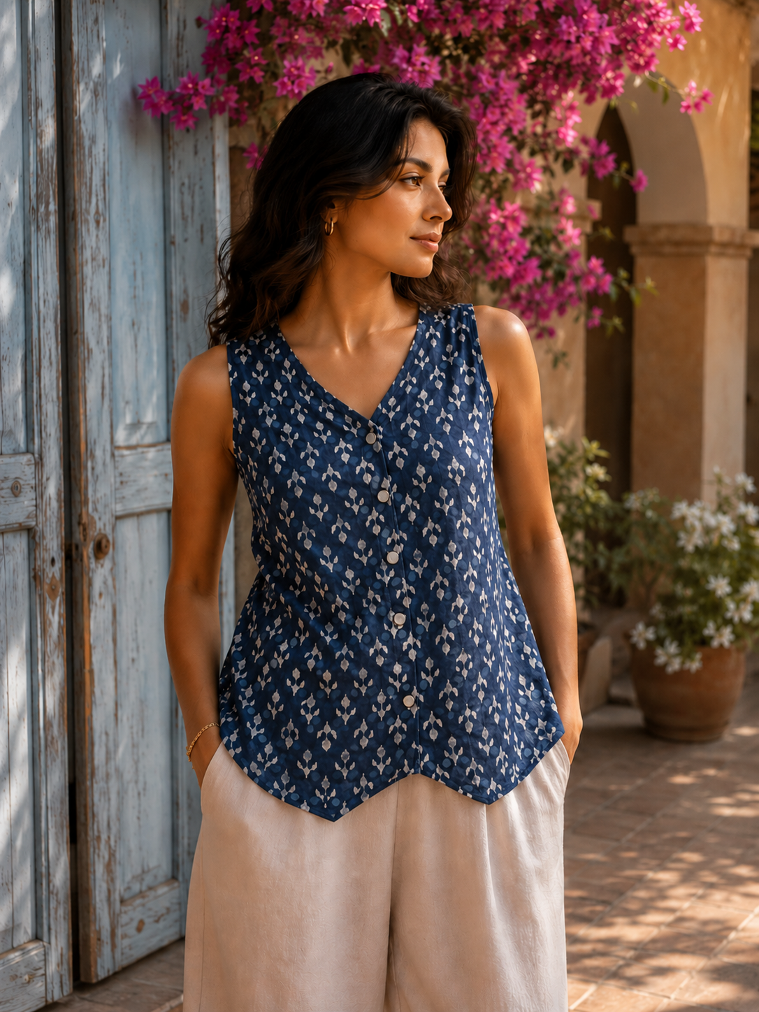 Navy Buti Button-Down Top